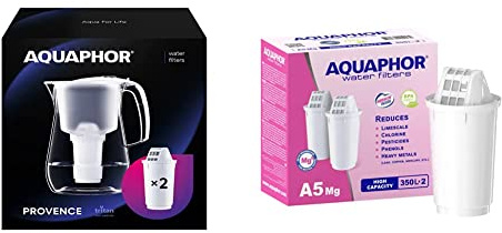 AQUAPHOR Wasserfilter Provence weiß inkl. 2 A5 Filterkartuschen & A5 Mg Pack 2 Wasserfilterkartuschen für Tischwasserfilter Provence, Prestige, Atlant, Smile, Arctic, 350 l