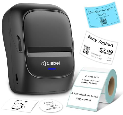 CLABEL Etikettendrucker Selbstklebend Bluetooth 221B Thermo Mini Label Drucker mit 1 Rolle Etiketten Tragbar Aufladbar Etikettiergerät Kompatibel mit Handy & PC für Preisschilder Barcode Büro Adresse