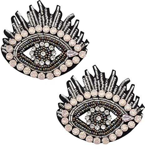 FINGERINSPIRE 2 Stück Strass Patch Mit Bösen Augen Perlenaufnäher 75x66 mm Exquisite Schwarze Stickerei Mit Tränenreichen Augen Zum Aufnähen Bling Pink Strass Applikation Für DIY Kleidung Hüte Tasche