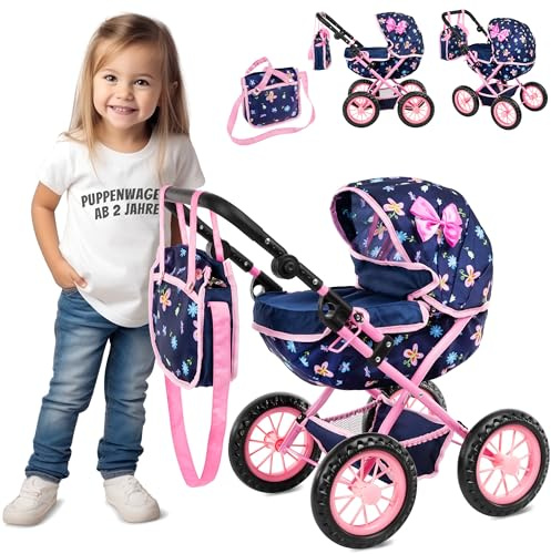 Kinderplay Passeggino per Bambole Profondo – Telaio in Alluminio, Manico Regolabile 33-63 cm – Pieghevole con Borsa – Fino a 41 cm (3+)