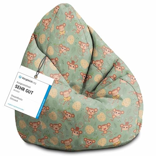 DreamRoots Sitzsack Kinder 80x80x120, Monkey on Jungle | Bean Bag Kinder mit Lehne, Hocker & Bezug, Sitzkissen Boden, Bubibag, mit Füllung, Kinderzimmer