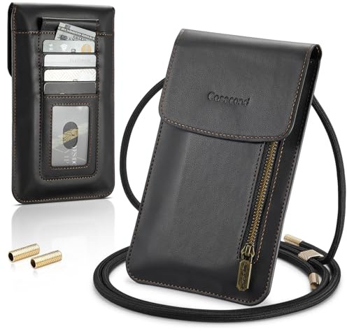 Casecond Handytasche zum Umhängen mit Geldbörse Damen Herren Kleine Leder Crossbody Universal Handy Tasche Pouch Umhängetasche Handtasche mit Handykette für iPhone 14 13 11 Samsung Bis zu 7.5 Schwarz