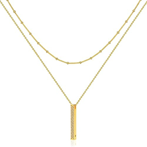 Jenosy Layered Kette Damen Säulen Gold Personalisierte Säulenkette Zarte Halskette mit Bar Anhänger Hypoallergene 18K Vergoldete Modeschmuck für Frauen und Mädchen