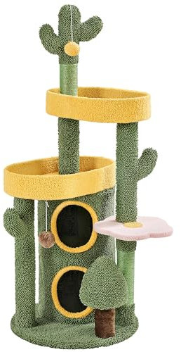 costoffs Cat Tree, 123cm Cactus Cat Tower with Scratching Post & Large Perches for Indoor Cats, Multi-Level Oasis-Themed Cat Tree,Cat Activity Centre, Double-Tiered Cat Condos, Flower Cat Tree
