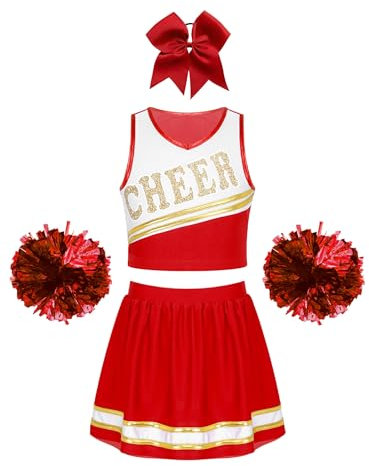 MSemis Kinder Mädchen Cheerleading Kostüm Ärmellos Brief Druck Crop Top+ Mini Rock + Pompons +Bowknot Kopfbedeckung Fasching Party Halloween Ein Rot 110-116