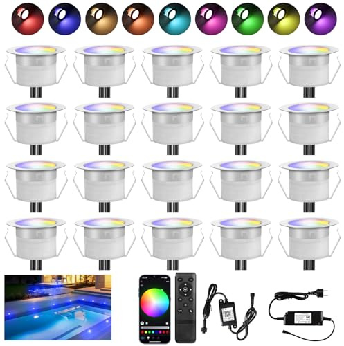 20er Terrasse Bodeneinbauleuchten außen RGBWW(RGB + Warmweiß)-WiFi Ø31mm led Einbaustrahler Aussen 12v mini led spot Terrassenbeleuchtung IP67 Wasserdicht Kompatibel mit Alexa Google Home