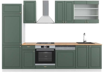 Vicco Küchenzeile Fame-Line, Grün-Gold Landhaus/Weiß, 300 cm | 8 Module · Höhenverstellbare Füße · AP Eiche inkl. · MDF-Fronten · Softclose · Metallgriffe
