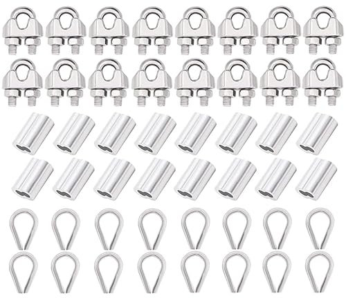 Drahtseilklemme 304 Edelstahl 16 Stück Drahtseil-Kabelklemme/Klemme 16 Stück Kausche 16 Stück Aluminium-Crimpschlaufe for 4 mm Drahtseilkabel M4 Seilklemme