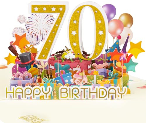 Magic Ants 70. Geburtstag Pop-up Geburtstagskarte 3D Effekt mit goldener Zahl 70, Ballons, Feuerwerk, Geschenke, 70. Geburtstagskarte für Männer, Frauen mit Umschlag und leerer Notizkarte