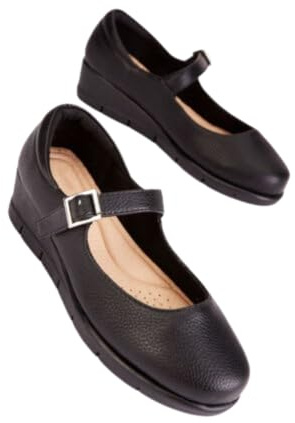 KAMDIN Ladies Girls Black Mary Jane Wedge Shoes Pumps Dolly Work School (Black, UK Footwear Size System, Adult, Women, Numeric, Medium, 8)