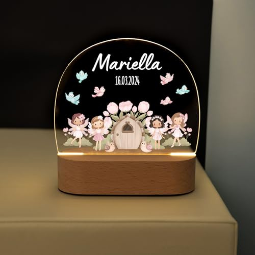 Bärenfreunde® - Personalisiertes Nachtlicht für Babys - Individuelle Nachttischlampe für Kinder - Personalisierte Geschenke Kinder - Babygeschenk - Geschenk zur Geburt (Feen Vögel)