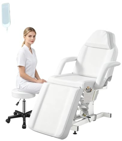 LSBIKE Elektrische Kosmetikliege mit Hocker – Verstellbare Massageliege mit abnehmbaren Armlehnen & Kopfstütze – Kosmetikstuhl Set für Spa, Tattoo, Gesichtspflege, Wimpernverlängerung (Weiß)