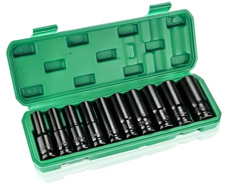 Deep Socket Set, 10 Pcs 8-24 Mm Reliable Impact Sockets 1/2 Inch Durable Hex Long Socket Set with Plastic Storage Box for Home Car Repair