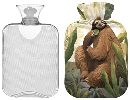 SKYSHU Faultier-Wärmflasche, transparent, auslaufsicher, waschbar, hitzebeständig, Wasserflasche mit weichem Plüschbezug, für Menstruationskrämpfe, Nacken- und Schulterschmerzen, 2 l