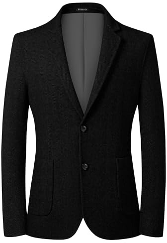 Mrbuerly Mens Herringbone Blazer Black British Wool Blend Suit Jacket 2 Button Casual Sport Coat Winter Wedding Groomsmen Prom Jackets M