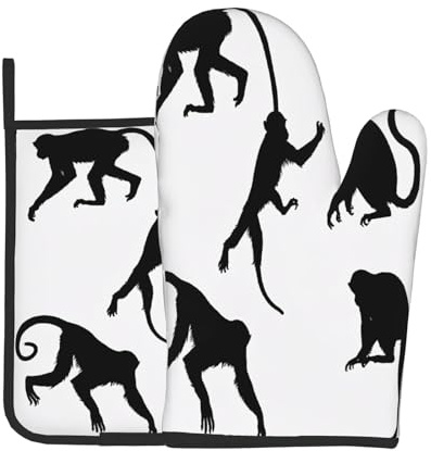 Guanti da forno e presine con scimmia, resistenti al calore, antiscivolo, guanti da forno e cuscinetto isolante per cottura al forno, cucina, grigliare, barbecue, regali, set di 2