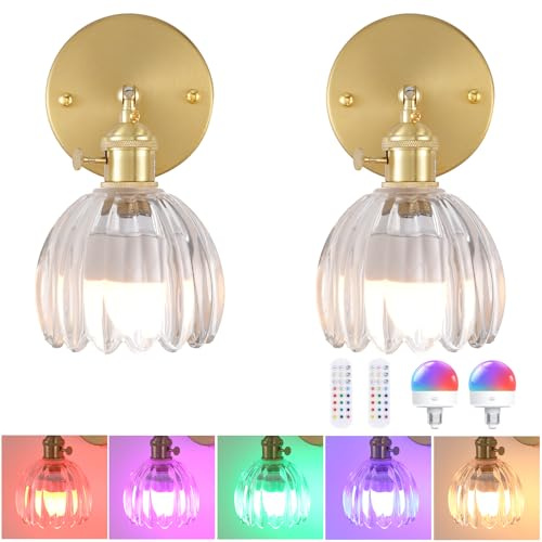 Shenmoyl Vintage Wandleuchte Innen Akku 2 Stück Gold LED Wandlampe Ohne Stromanschluss Touch Control 3 Helligkeitsstufen mit Fernbedienung für Badezimmer Schlafzimmer Flur Wohnzimmer
