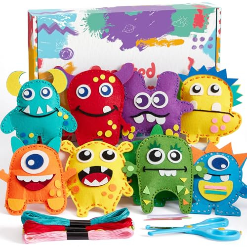 Toylink Kit de Costura para Niños, Kit Manualidades Niños con 12 Fieltro Para Juegos de Manualidades & Hilo Bordar & Agujas Coser, DIY Costura Regalo Niñas 6 7 8 9 10 Años (Monstruos)