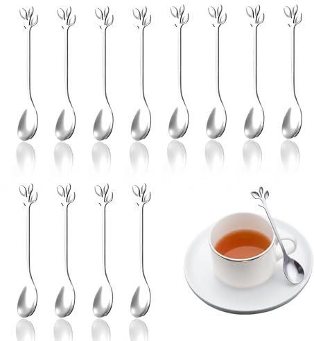 14 Pezzi di Cucchiaino da Caffè in Foglia di Acciaio Inossidabile con Design a Foglia, Argento, Eleganti Cucchiaini per Caffè, Tè e Dessert, Perfetti per Decorare la Tavola e Regali Speciali