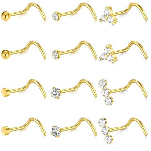 Funseedrr Nasenstecker 18G 20G Nasenschraube 2mm CZ Chirurgenstahl Nasenpiercing mit Zirconia Nase Nostril Piercing Schmuck 12 Stück Silber Gold