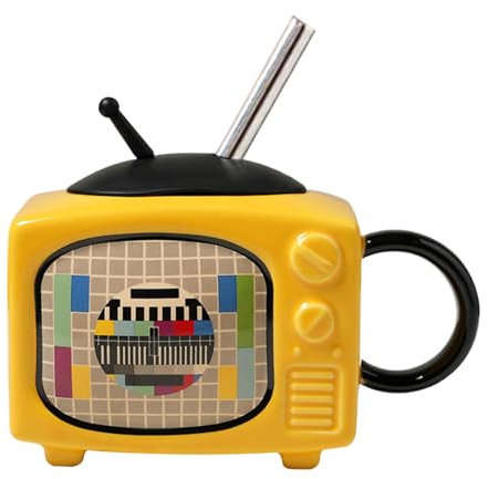 Fruusv Taza de viaje de cerámica, taza con tapa y pajita, taza de TV retro, taza de cerámica de 450 ml, taza de té con tapa, taza con forma de televisión, taza para café caliente, vino, whisky