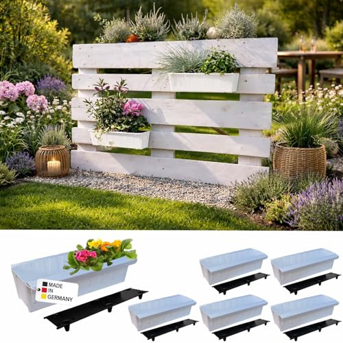 BURI 6 Maceteros de palet europeo con insertos florales incl. alfombrilla de riego | con sistema de suspensión para colgar | 37,3 cm Blanco | Plantador para palet europeo | Macetero de balcón | Maceta