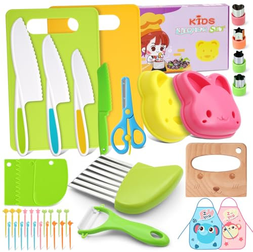Wusboo Votoko 42 Pezzi Coltelli da Cucina per Bambini, Coltello da Cucina per Tagliare Frutta e Verdura, Set di Montessori Coltello con Grembiule da Cucina, Tagliere per Adatto a Più Bambini