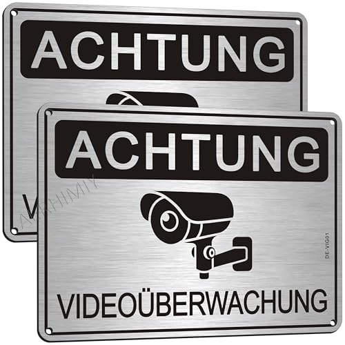2 Stück Achtung Videoüberwachung Schild Gebürstetes Aluminium 20×15cm, Mit Selbstklebend und 4 Löchern
