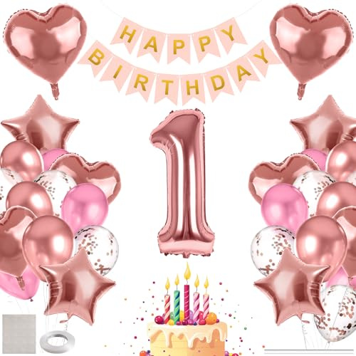 MIEWAA Deko 1. Geburtstag Mädchen, Baby Erster Geburtstag Luftballons, Geburtstagsdeko 1 Jahr mit Happy Birthday Banner, Groß Zahl 1 Folienballon, Herz Stern Folienballon, Latex Konfetti Ballons Rosa