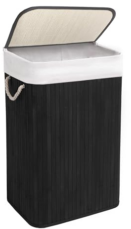 KNIGHT Bamboo Laundry Basket, 72L Laundry Hamper with Removeable Washable Lining, Easy Assemble Easy Folding Storage Bin 40x30x60 cm (Black)