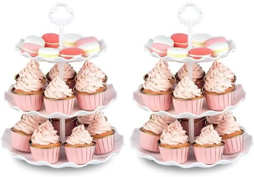 SHENGRUI Confezione da 2 grandi alzate per cupcake a 3 ripiani, altezza 34 cm, in plastica, rotonde, per matrimoni, compleanni, lauree, feste di tè pomeridiani (bianco) (2 pezzi alzata per torta)