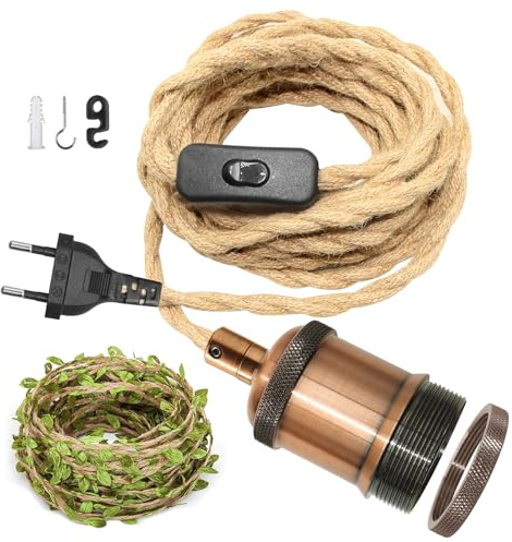 Portalámparas cuerda de cáñamo con Interruptor, Lámpara colgante Con de Interruptor y Enchufe Color de champán, 510cm Metal Kit De Lámpara Colgante Cinta decorativa con 5 m de follaje verde