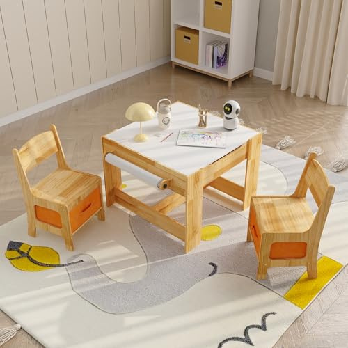 PREMTURE Kindertisch mit 2 Stühlen aus Kiefernholz, Naturholzfarbe, Multifunktionaler Spiel- & Lerntisch mit Stauraum, Kinder Schreibtisch Set für Kinderzimmer, Vorschule & Kreatives Spielen