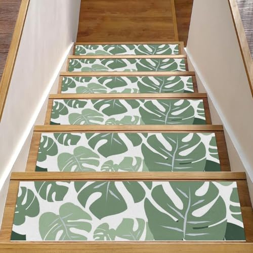 RODAILYCAY Alfombra para peldaños de escalera, 15 almohadillas antideslizantes para peldaños de escalera, estampado de hojas de 8 x 30 pulgadas, para peldaños de madera en interiores, protectores de