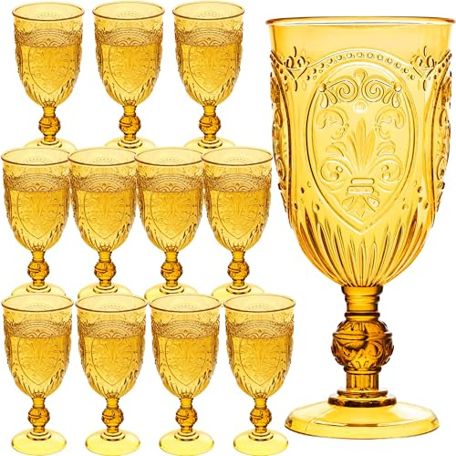 Plastic Wine Glasses 12Pcs Plastic Goblets 7.5oz Colored Retro Embossed Glassware Vintage Stemmed Drinking Cup Reusable Water Goblets for Wedding Reception Grand Event Party Bar,Whiskey (Amber)