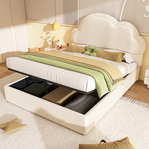 4ft6 Double Upholstered Ottoman Bed with Storage, Hydraulic Lift Up Storage Bed Frame with Velvet Fabric & Cloud-shaped Headboard, No Box Spring Needed, Youth Beds for Adults Kids Teenagers, Beige