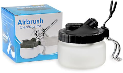 Langlengtec Airbrush Cleaning Pot with Holder Heavy Duty Glass Solvent Jar & Spray Gun Cleaning Station - Leakproof Sealed Lid for Thinner, Paint & Lacquer - Desktop Organizer for Hobby Artists