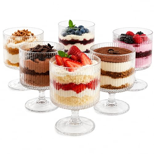 Altınbaş 6tlg. Dessertgläser-Set mit Fuß 200ml – Elegant Geriffelte Eisbecher & Cocktailgläser Spülmaschinenfest Vintage Design Becher für Eiskaffee, Tiramisu, Magnolia & Drinks Robustes Glas