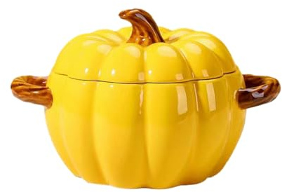 Olla de sopa de calabaza creativa cubierta de cerámica para el hogar, vajilla binaural grande, color amarillo