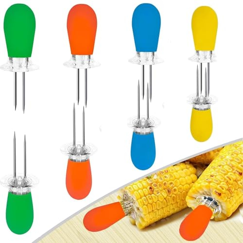 8 Pcs/4 Pairs Sweetcorn Holders, with Multi-Colour Silicone Handle Interlocking Double BBQ Fork Skewers for Home Cooking Parties Camping & Convenient Butter Spreading Tool (4 Colors)