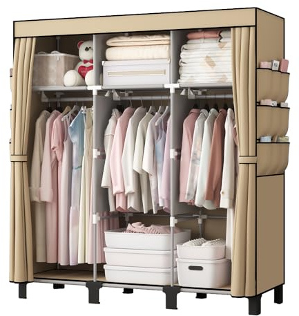 dongliangqinying Tragbarer Vlies-Stoffschrank 130x45x170cm faltbar mit 3 Hängebereichen & 18 Seitentaschen (Beige)