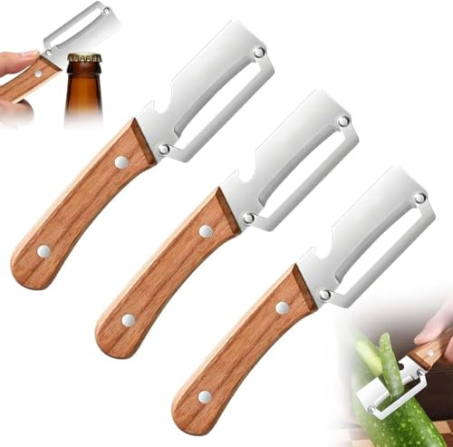 Éplucheur de Légumes 2-en-1 avec Manche en Bois – Couteau Éplucheur Multifonction en Acier Inoxydable avec Ouvre-Bouteille, Outil de Cuisine Ergonomique et Antidérapant (3PCS)