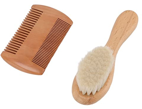 Baby Haarbürste und Kamm Set, Holz Babybürste mit Wollborsten Doppelkamm für Neugeborene Haare, Naturholzkamm als Babygeschenk Neugeborenen Haarpflege