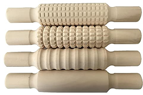 4pcs Kids Children Craft Baking Creation Station Textured Wooden Wood Rolling Pins