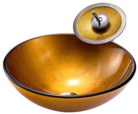 HomeLava Gold Vessel Sink with Faucet for Bathroom One Bowl Vanity Basin Bathroom Washbasin Modern Gold Basin Round Tempered Glass Vessel Sink with Waterfall Faucet