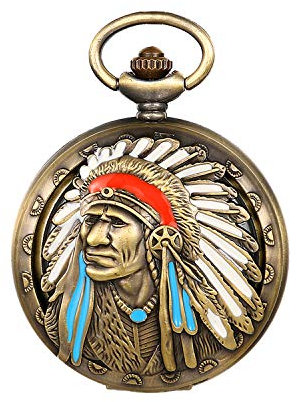 JewelryWe Taschenuhr Herren Analog Quarz Vintage Indianer Alter Mann Uhr Pocket Watch mit Halskette Kette