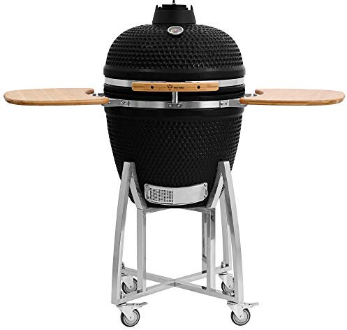 BBQ-Toro Kamado Grill Ø 52 cm KURO, Schwarz | Holzkohlegrill mit Bambusablage, Thermometer, Holzgriff, Rollen | Keramikgrill Kamado, Keramik Grill mit Aktivbelüftung, Grill mit Ablage