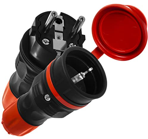 KEL Schutzkontakt Stecker & Kupplung Set 16A / 250V - IP44 Außenbereich, 3 Polig Gummi Schuko Stecker, Wasserdicht - Hermetischer Klappe