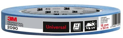 3M Professional Masking Tape 2090, Universal Surfaces - 1 Roll, 18 mm x 50 m - UV stable, Water Resistant, For Indoor & Outdoor Painting and Decorating