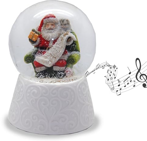 20089 Edle Schneekugel mit weißem Porzellan-Sockel Weihnachtsmann Santa mit Geschenkeliste Spieluhr 10cm Durchmesser